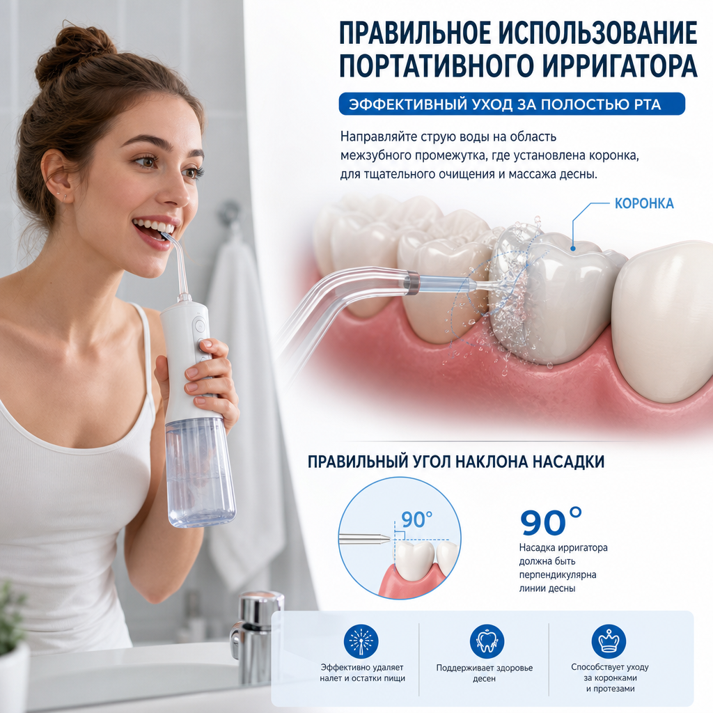 Девушка в ванной комнате использует портативный ирригатор. Струя воды направлена на область межзубного промежутка, где установлена коронка. Иллюстрация правильного угла наклона насадки (90 градусов к десне).