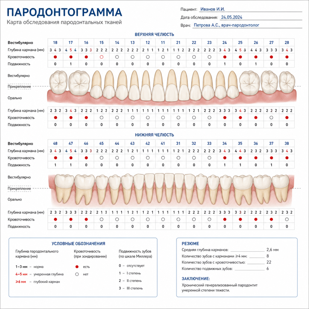 Пародонтограмма — схематичная карта зубов с числовыми значениями глубины карманов, отметками кровоточивости и подвижности, заполненная врачом-пародонтологом