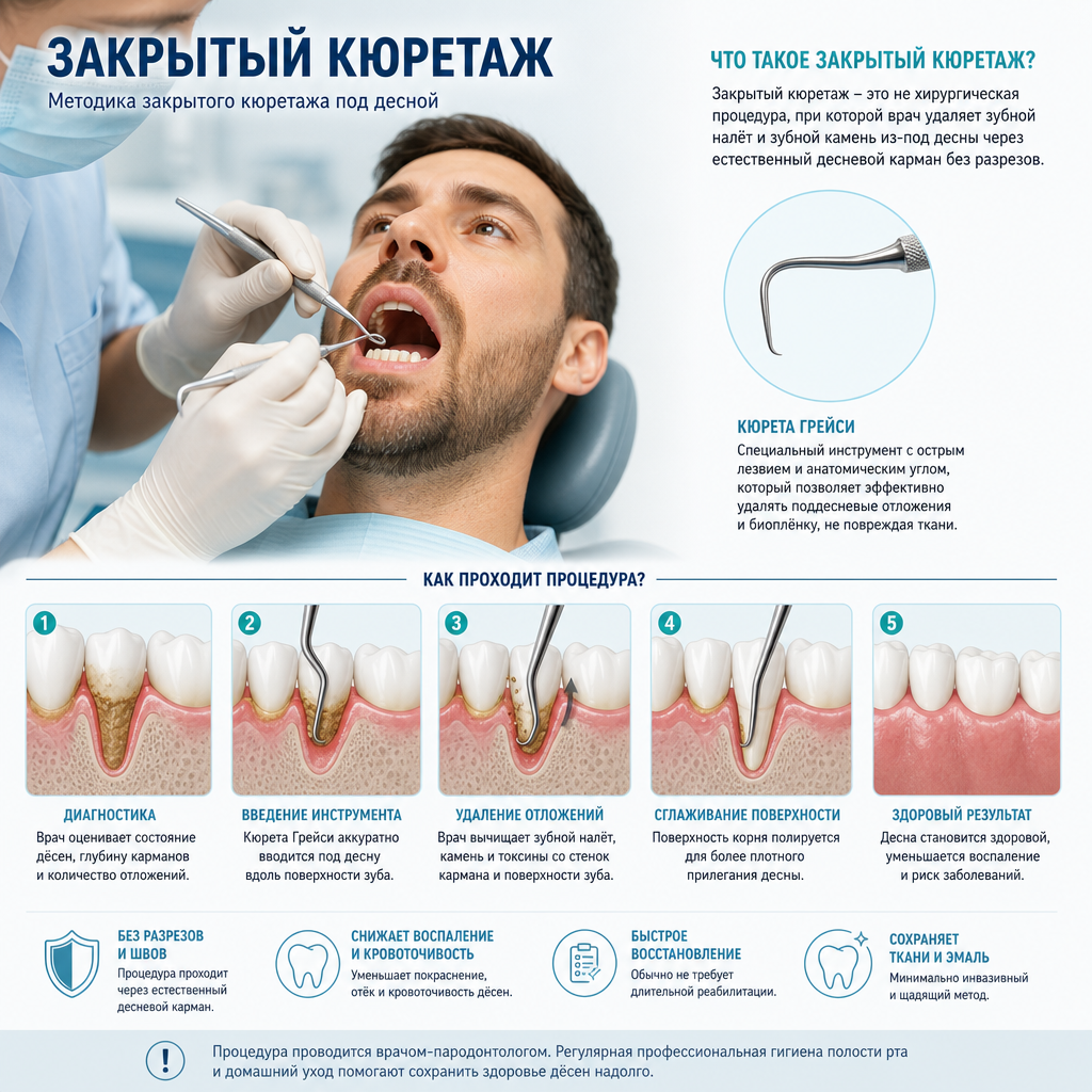 Врач-пародонтолог проводит закрытый кюретаж: в руках кюрета Грейси, работа ведётся под десной у нижних фронтальных зубов пациента, лежащего в кресле