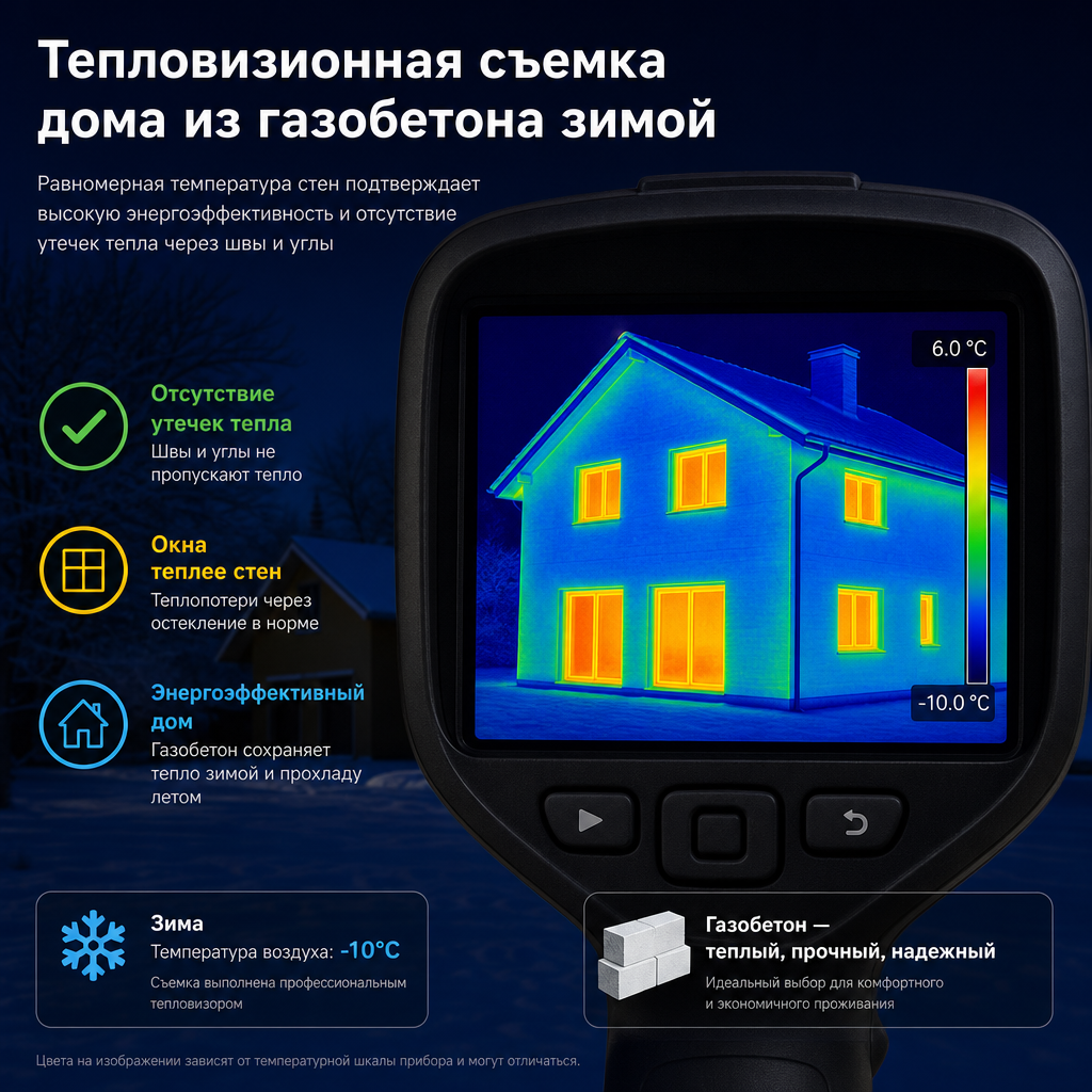 Тепловизионная съемка готового дома из газобетона зимой. На экране тепловизора фасад окрашен в синий и холодный зеленый цвета, что подтверждает отсутствие утечек тепла через швы и углы, а окна логично выделены желтым и оранжевым.