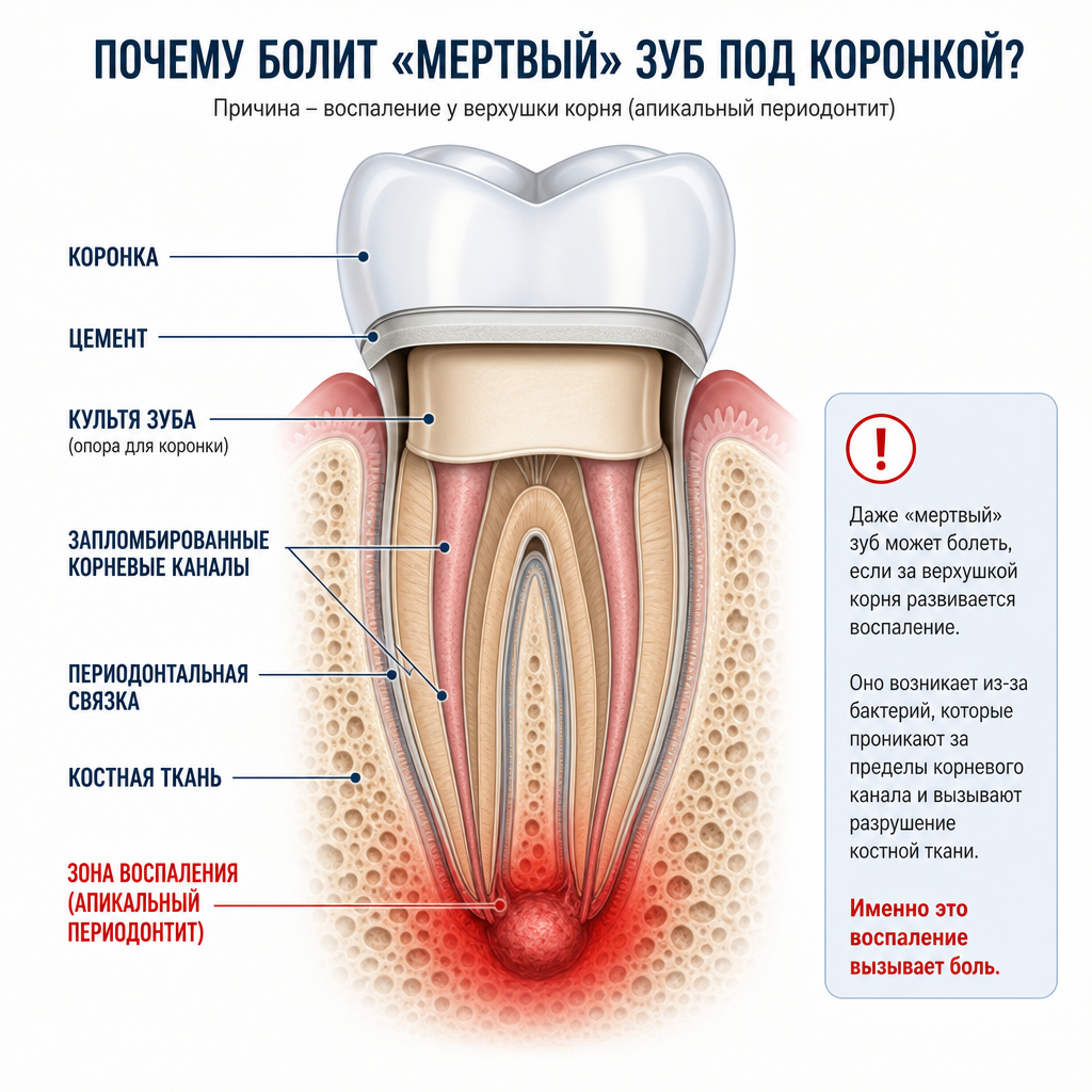 Схематичный разрез зуба под коронкой. Показаны коронка, цемент, культя зуба, запломбированные корневые каналы, периодонтальная связка и костная ткань. Красным цветом выделена зона воспаления у верхушки корня (апикальный периодонтит), объясняющая причину боли в мертвом зубе.