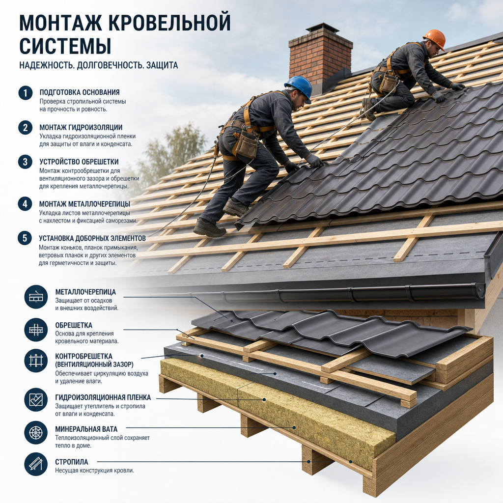 Процесс монтажа кровельной системы. Рабочие в страховочных поясах укладывают листы металлочерепицы на деревянную обрешетку. Виден разрез кровельного пирога: стропила, слой минеральной ваты, гидроизоляционная пленка и вентиляционный зазор. На заднем плане — кирпичная труба дымохода.