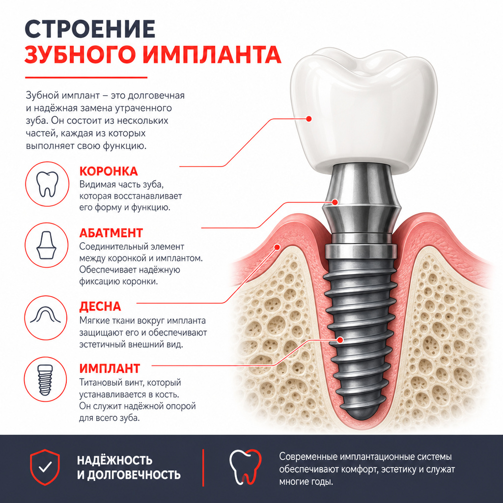 крупная схема импланта в разрезе, где показаны тело импланта в кости, абатмент, десна и коронка