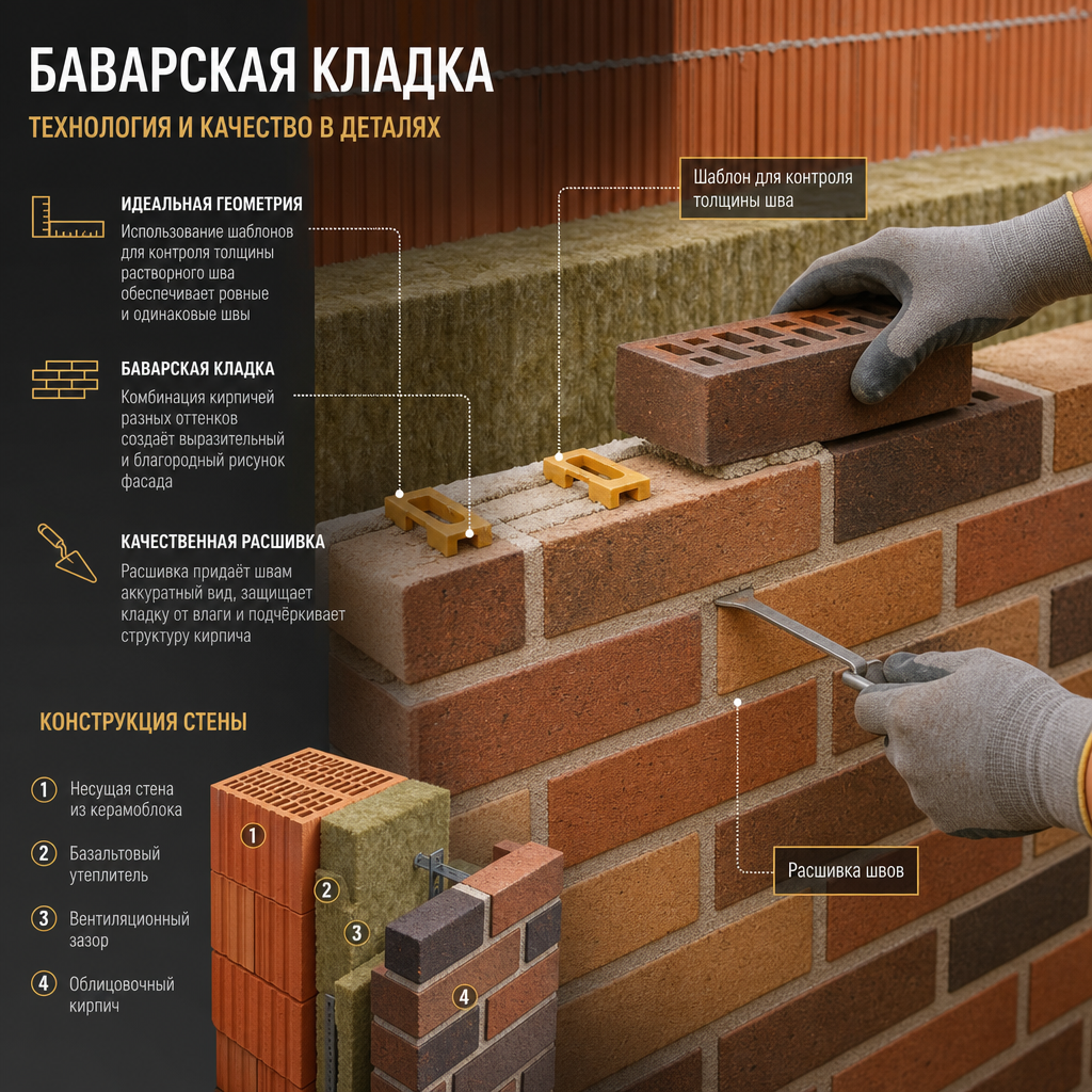 Крупный план работы каменщика. В кадре видна идеально ровная баварская кладка из облицовочного кирпича разных оттенков, расшивка швов и использование специальных шаблонов для соблюдения толщины растворного шва. На заднем фоне виднеется слой базальтового утеплителя и несущая стена из керамоблока.