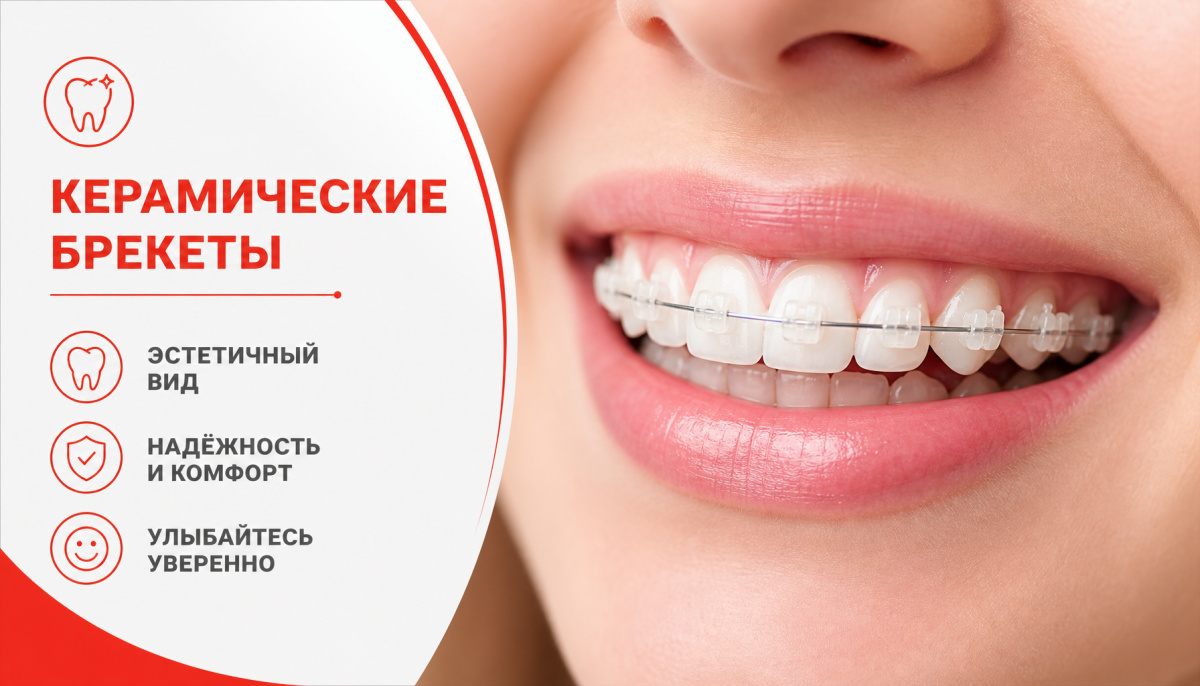 крупный план улыбки пациента с установленными керамическими брекетами на верхней челюсти - замки молочно-белого цвета сливаются с эмалью, видна тонкая металлическая дуга